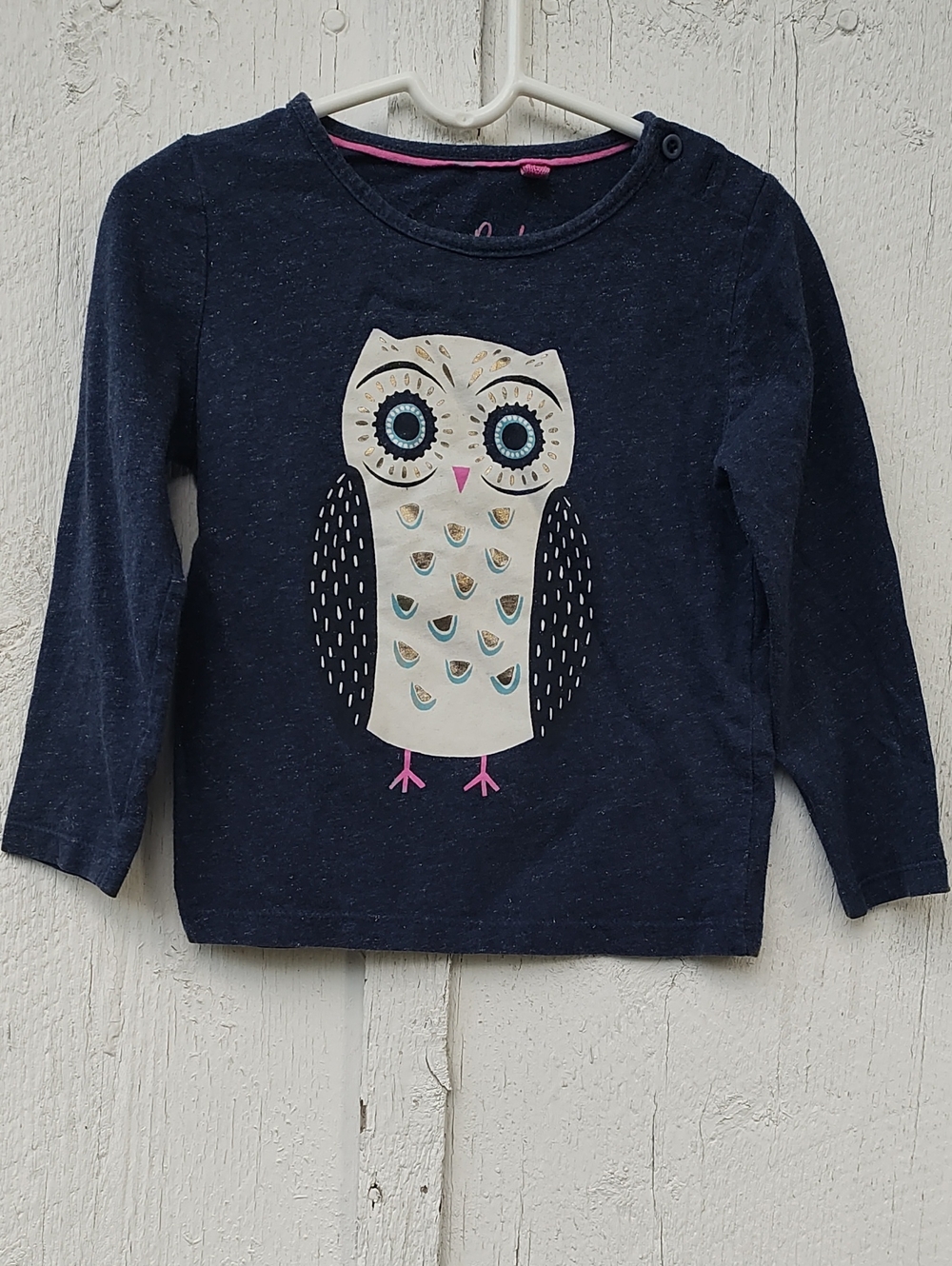 Mini Boden Navy Long-Sleeve Tee Cream Owl Graphic Metallic Accents